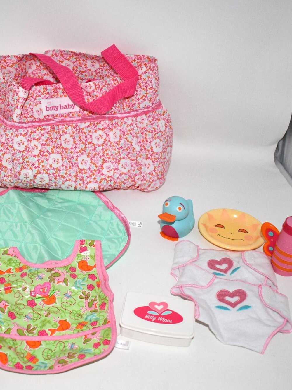 American Girl Bitty Baby Doll Accessories Lot Diaper Bag Changing Pad Bib Bottle
